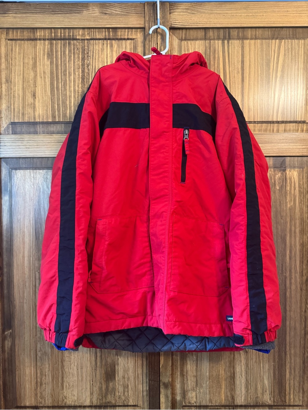 Lands' End Red Hooded Kids' Puffer with Black Stripes